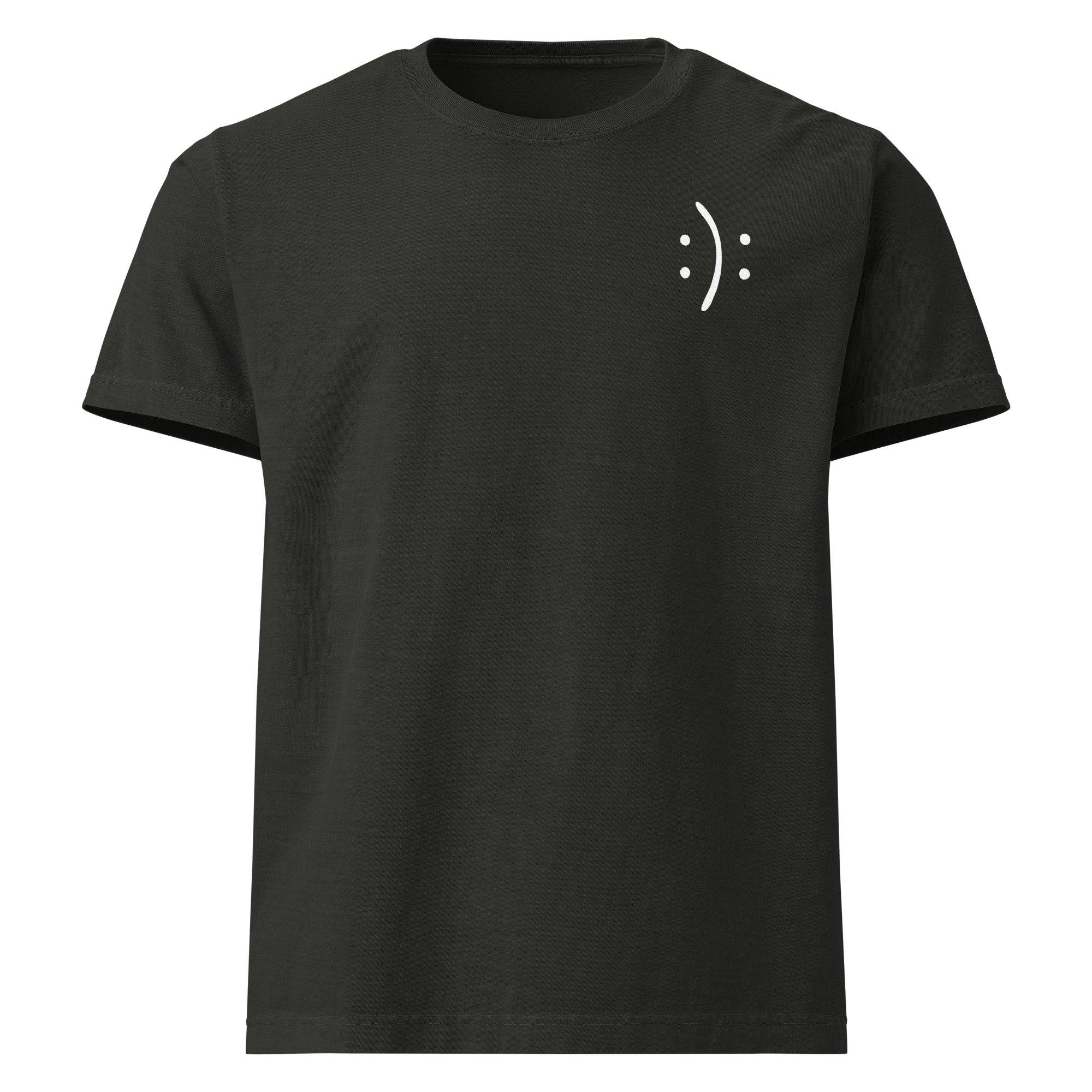 unisex-oversized-garment-dyed-t-shirt-washed-black-front-69121a4acc22b.jpg Unisex creative oversized T-shirt with minimalist design showing two line-drawn faces — one happy, one sad.
