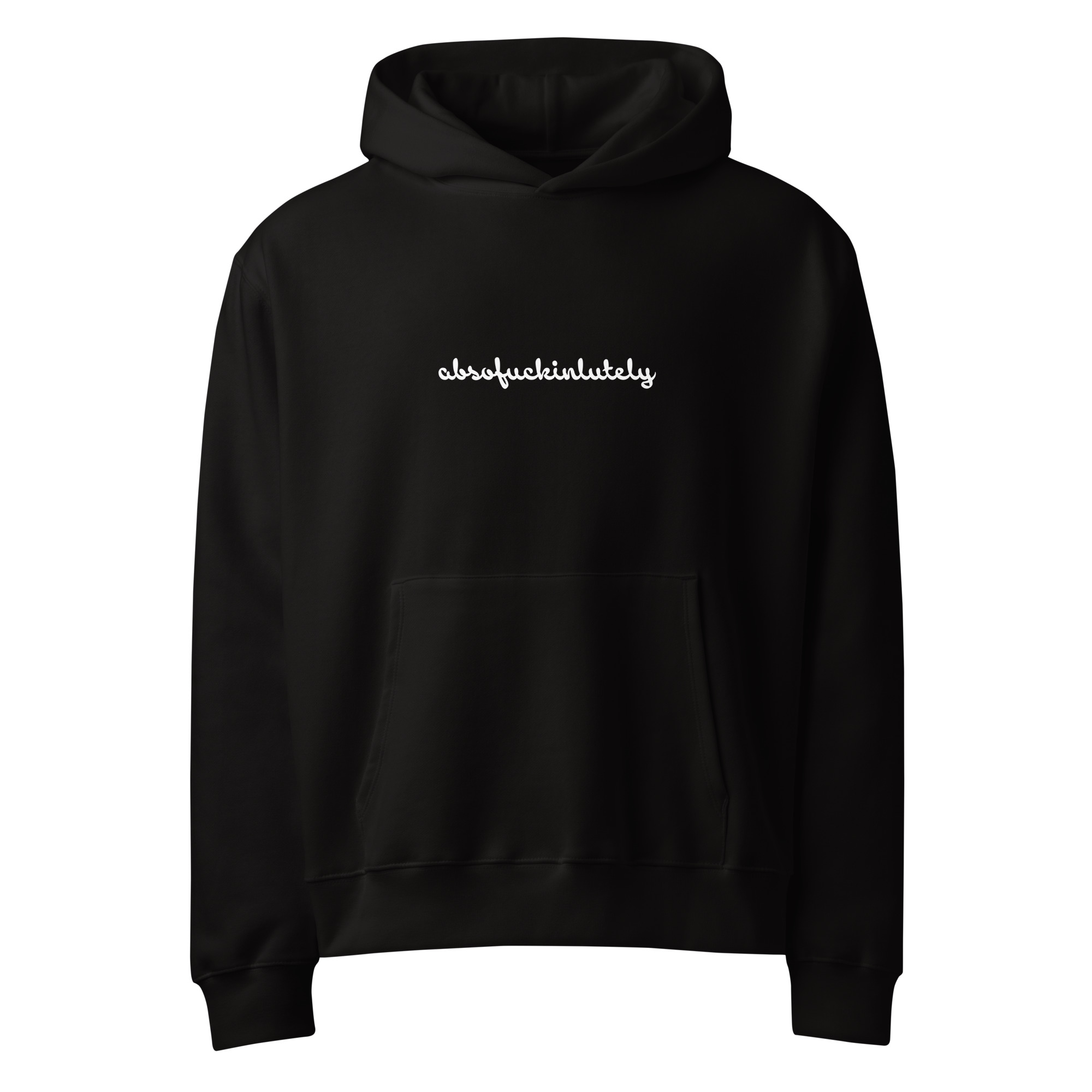 unisex-oversized-heavyweight-hoodie-black-front-690ee51d9c260.jpg Creative and funny hoodie with the word “Absofuckinglutely” printed in bold typography across the chest.