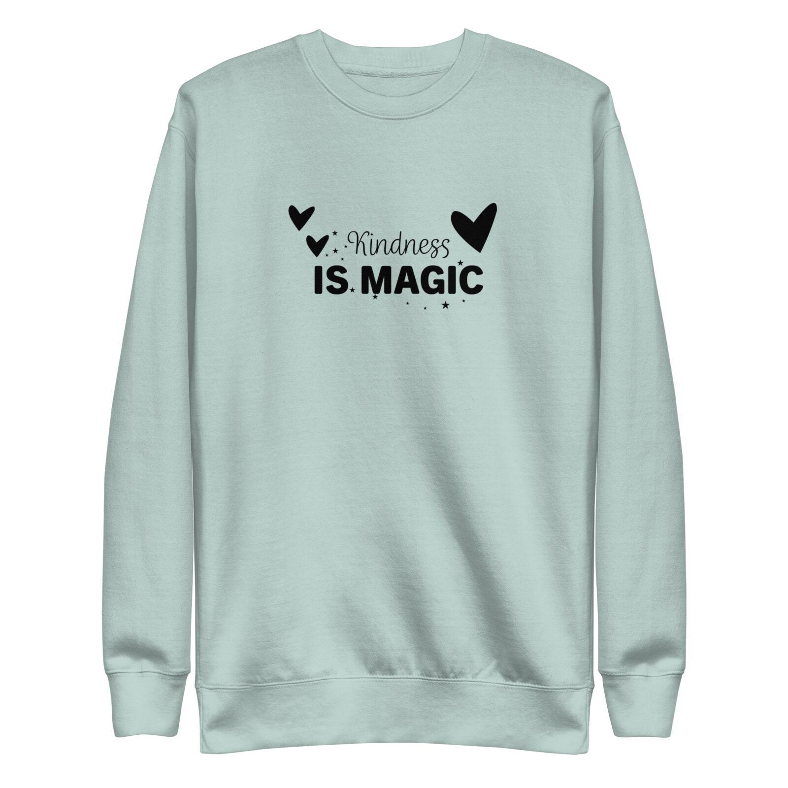 unisex-premium-sweatshirt-agave-front-6916c916b8449.jpg Typography sweatshirt with “Kindness Is Magic” phrase in bold minimalistic design.