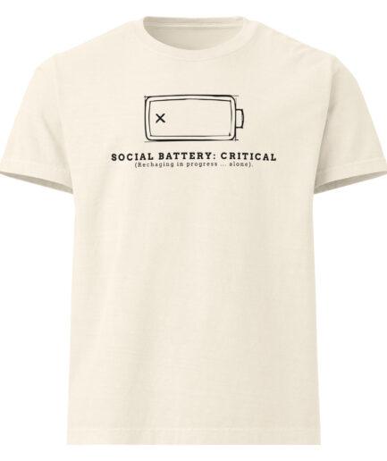 Introvert funny t-shirt with “Social Battery: Critical” graphic battery icon and recharge message design