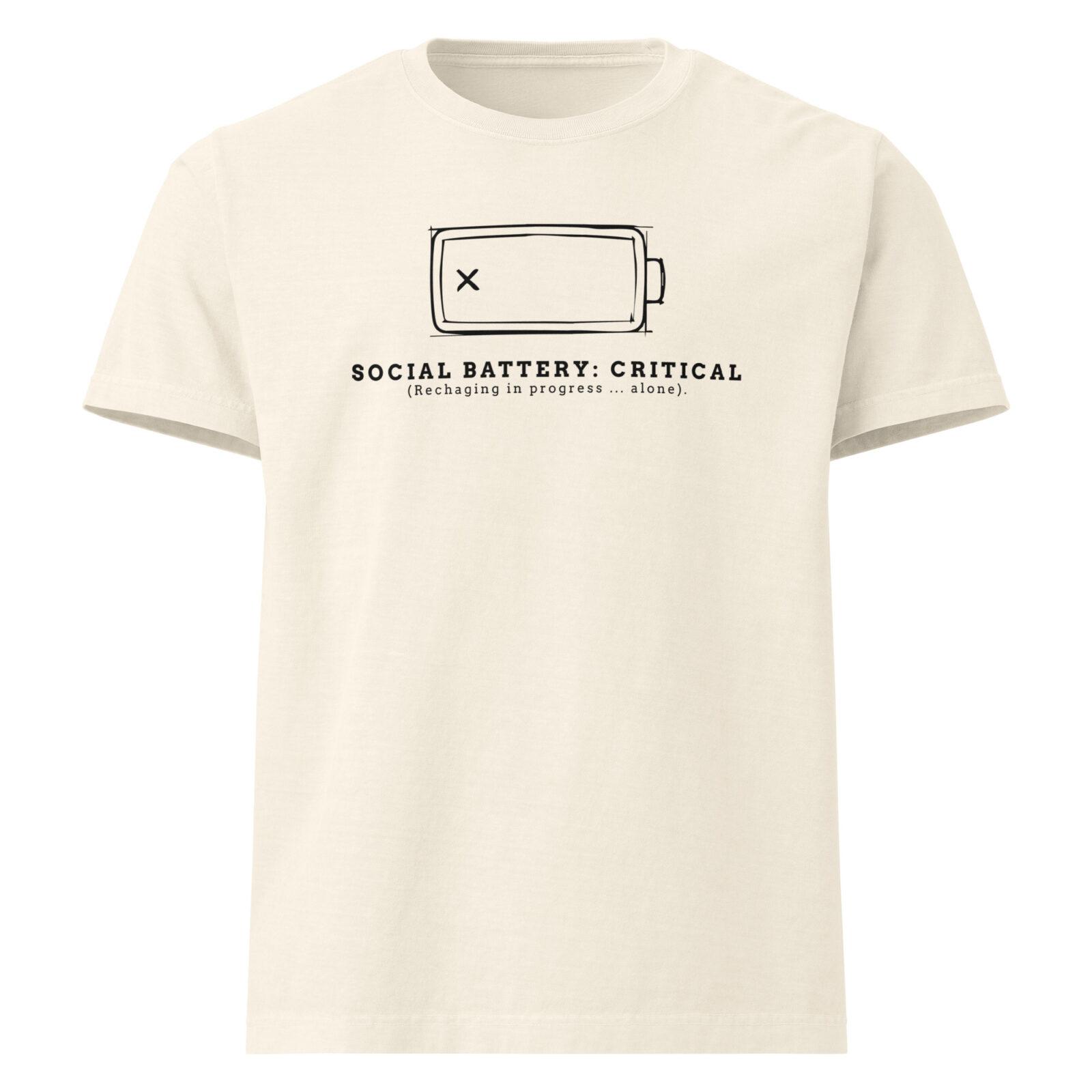 unisex-oversized-garment-dyed-t-shirt-vintage-white-front-69825e114798d.jpg Introvert funny t-shirt with “Social Battery: Critical” graphic battery icon and recharge message design