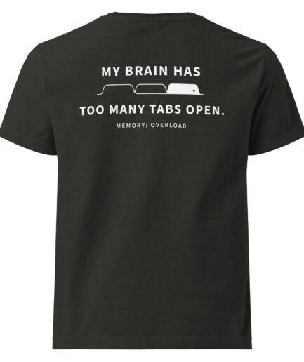 Funny overthinking T-shirt with “too many tabs open” memory overload graphic design