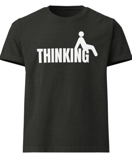 Overthinking T-shirt with minimal icon illustration of a figure sitting over the word THINKING