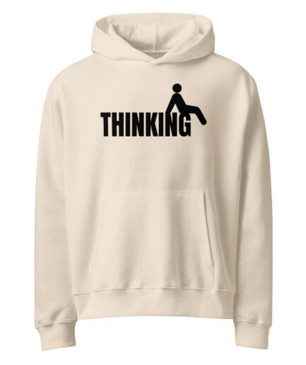 Overthinking hoodie with minimal icon illustration of a figure sitting over the word THINKING