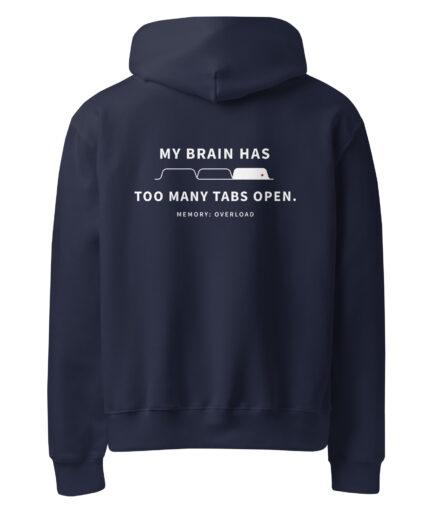 Funny overthinking hoodie with “too many tabs open” memory overload graphic design