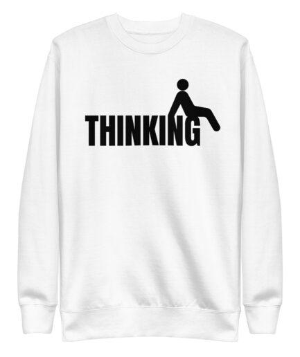 Overthinking Sweatshirt with minimal icon illustration of a figure sitting over the word THINKING